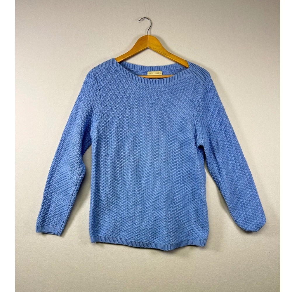 Appleseed's Textured Cotton Sweater Women Size M‎ Blue Honeycomb Knit Crewneck